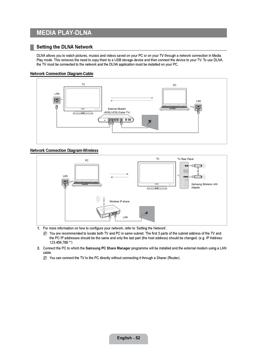 Samsung UE46B7000WWXUA, UE40B7020WWXUA manual Media Play-DLNA, Setting the Dlna Network, Network Connection Diagram-Cable 