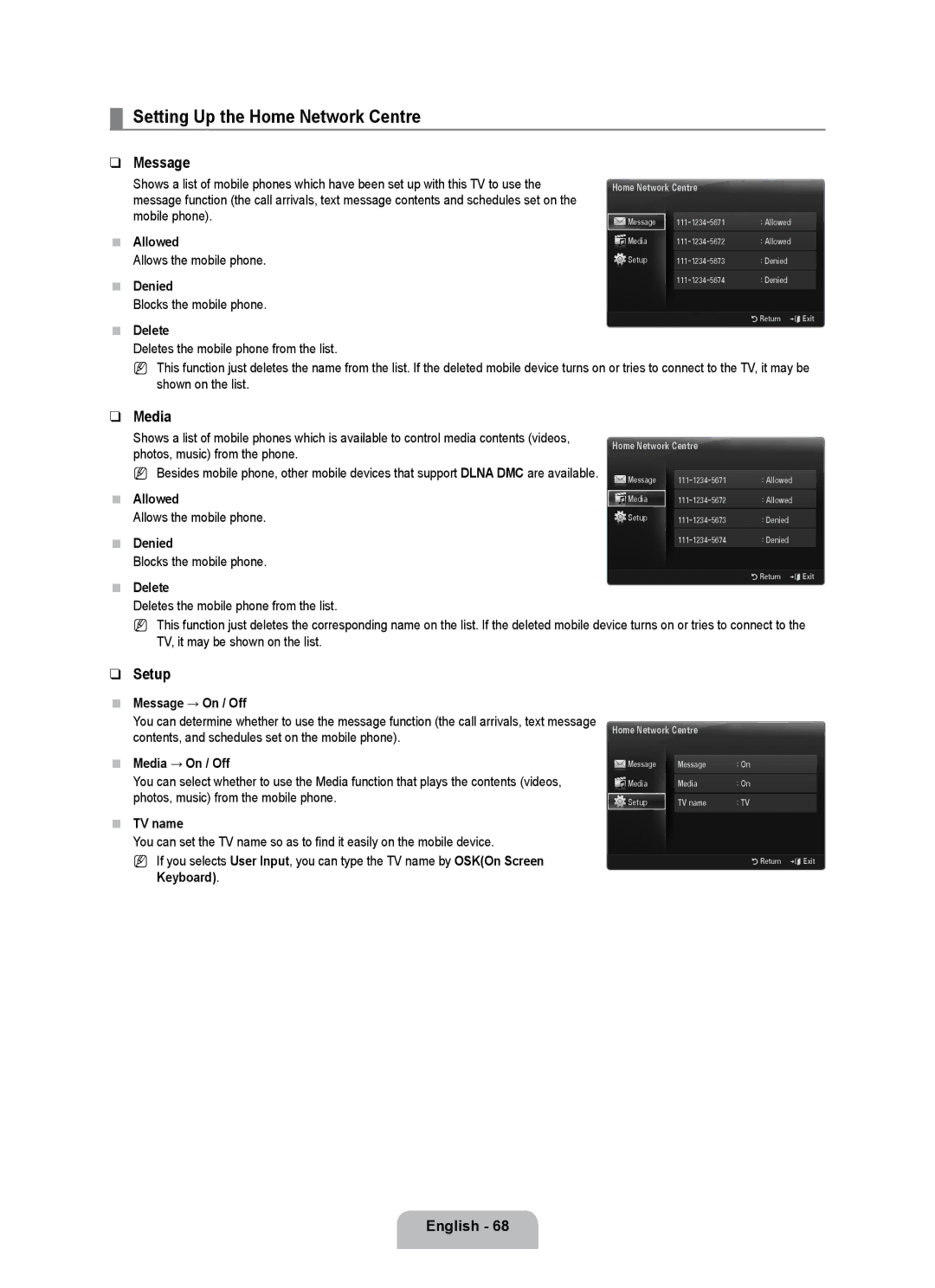 Samsung UE46B7000WWXXC, UE40B7020WWXUA, UE40B7000WWXUA, UE40B7020WWXXN Setting Up the Home Network Centre, Message, Media 