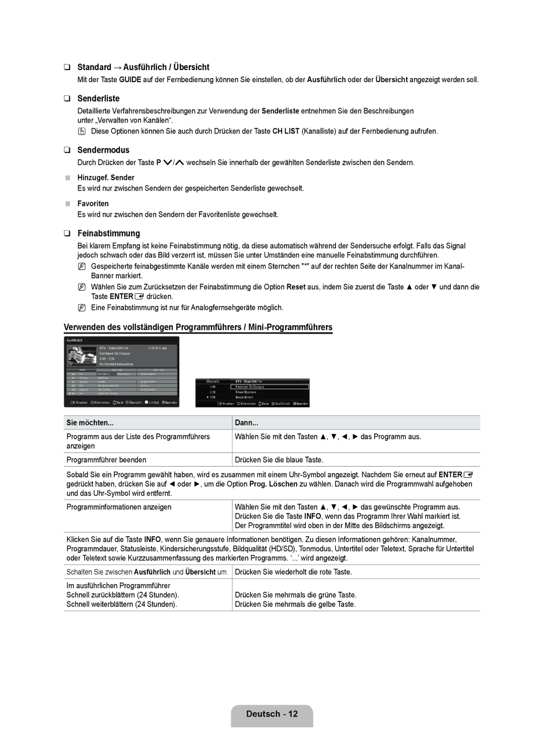 Samsung UE55B7090WPXZG, UE40B7090WPXZG manual Standard → Ausführlich / Übersicht, Senderliste, Sendermodus, Feinabstimmung 