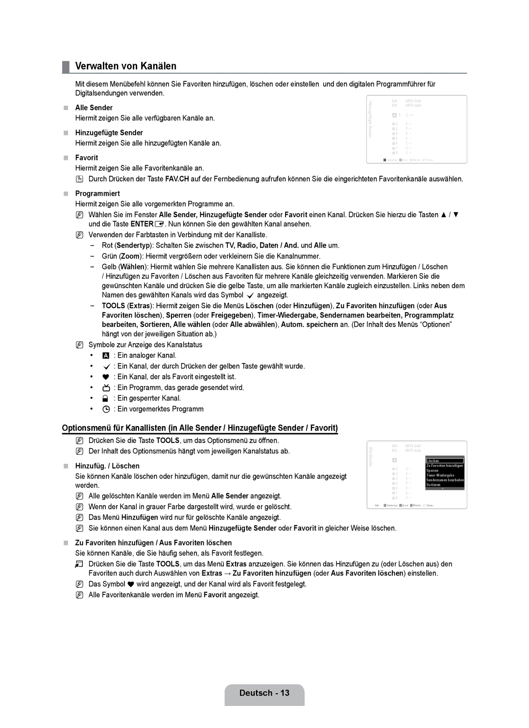 Samsung UE32B7090WWXZG, UE40B7090WPXZG, UE55B7090WPXZG manual Verwalten von Kanälen 