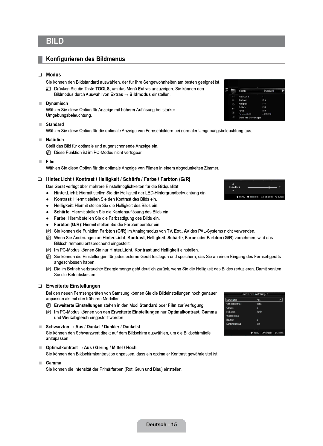 Samsung UE55B7090WPXZG, UE40B7090WPXZG, UE32B7090WWXZG manual Konfigurieren des Bildmenüs, Modus, Erweiterte Einstellungen 