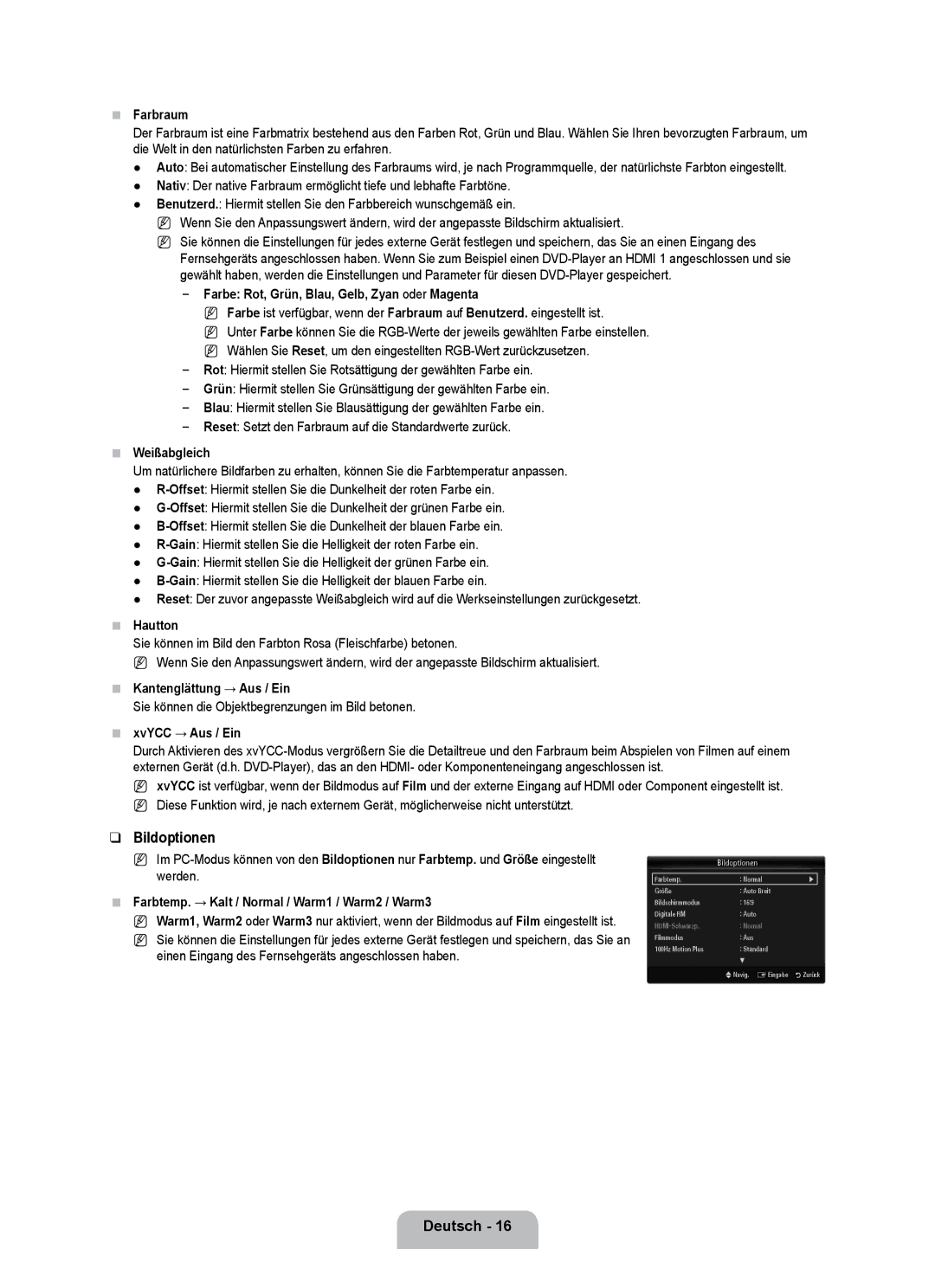 Samsung UE32B7090WWXZG, UE40B7090WPXZG, UE55B7090WPXZG manual Bildoptionen 