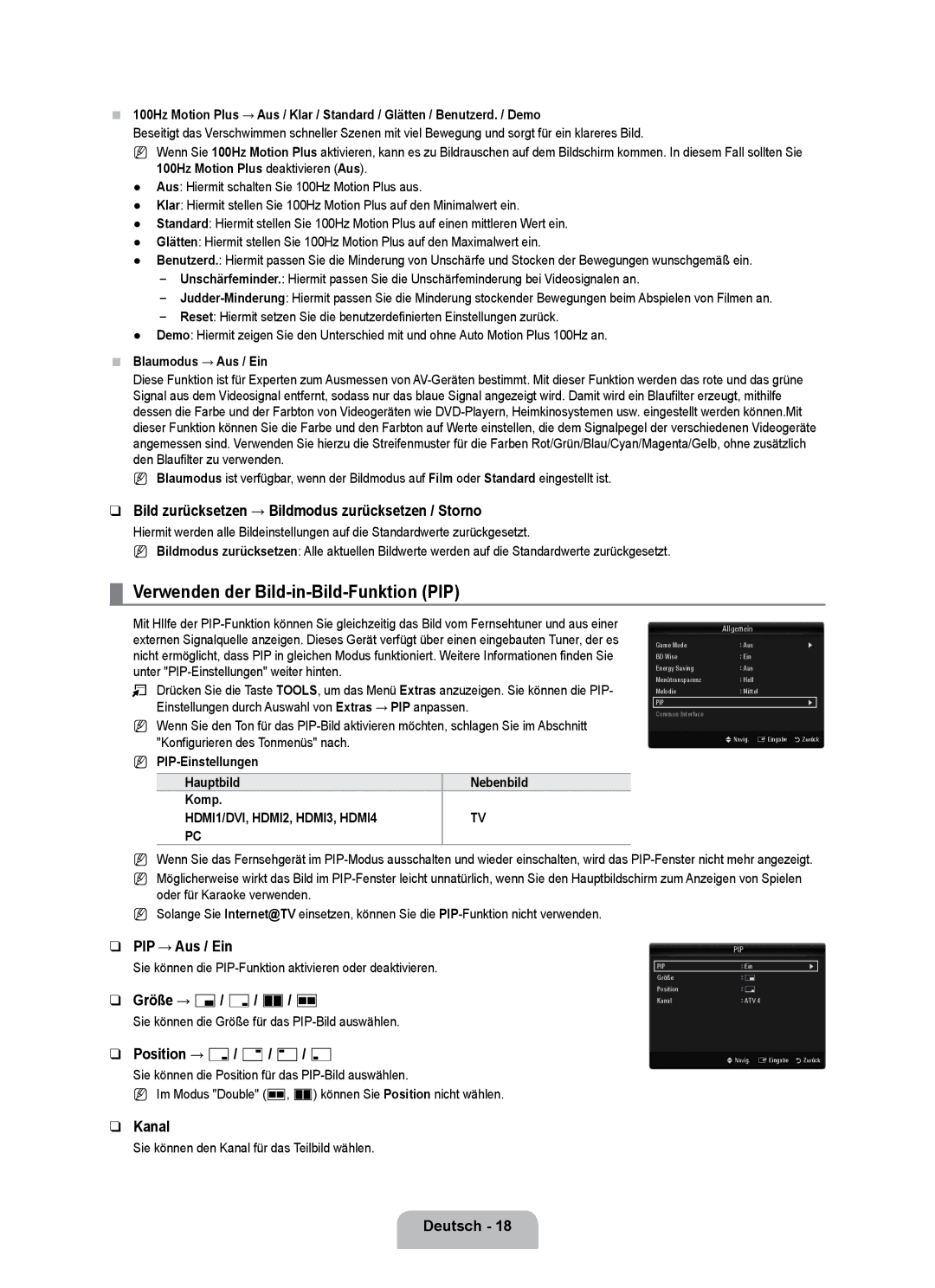 Samsung UE55B7090WPXZG Verwenden der Bild-in-Bild-Funktion PIP, Bild zurücksetzen → Bildmodus zurücksetzen / Storno, Kanal 