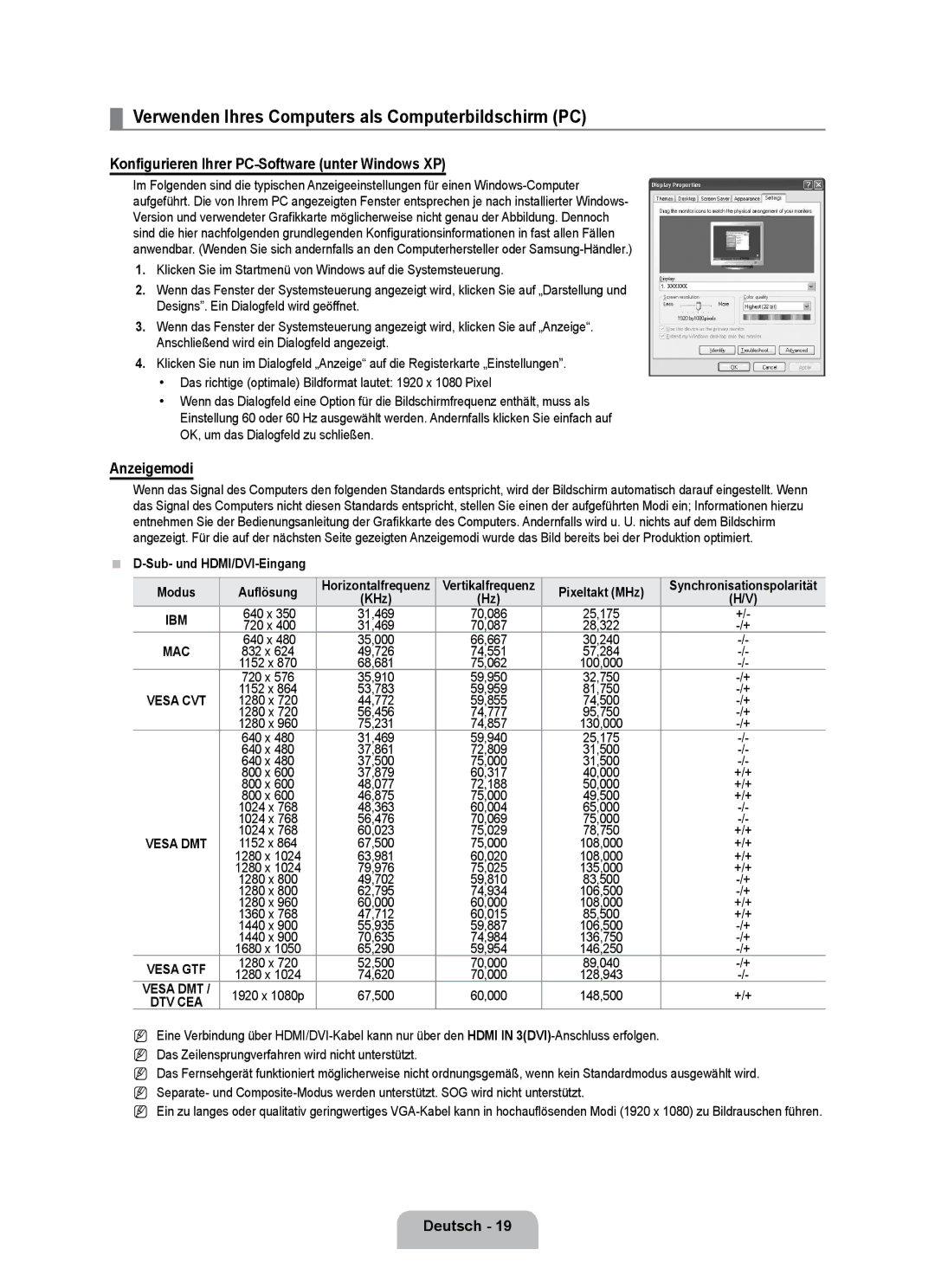 Samsung UE32B7090WWXZG manual Verwenden Ihres Computers als Computerbildschirm PC, Anzeigemodi, Sub- und HDMI/DVI-Eingang 