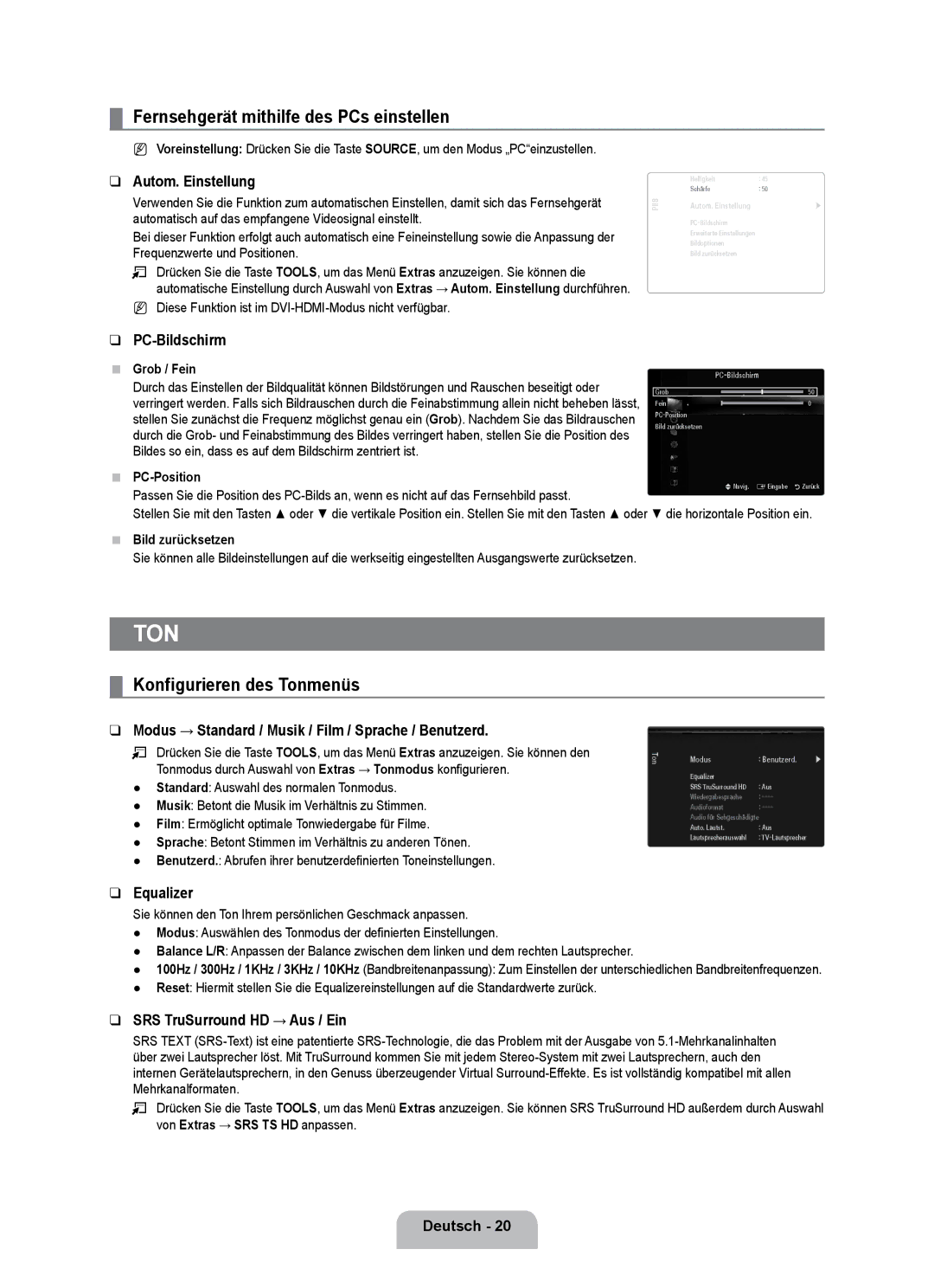 Samsung UE40B7090WPXZG, UE55B7090WPXZG, UE32B7090WWXZG Fernsehgerät mithilfe des PCs einstellen, Konfigurieren des Tonmenüs 