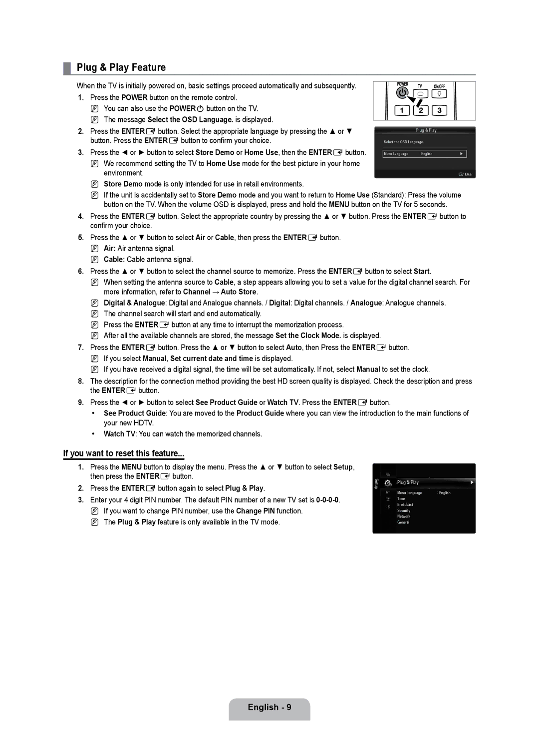 Samsung UE32B7090WWXZG, UE40B7090WPXZG, UE55B7090WPXZG manual Plug & Play Feature, If you want to reset this feature 