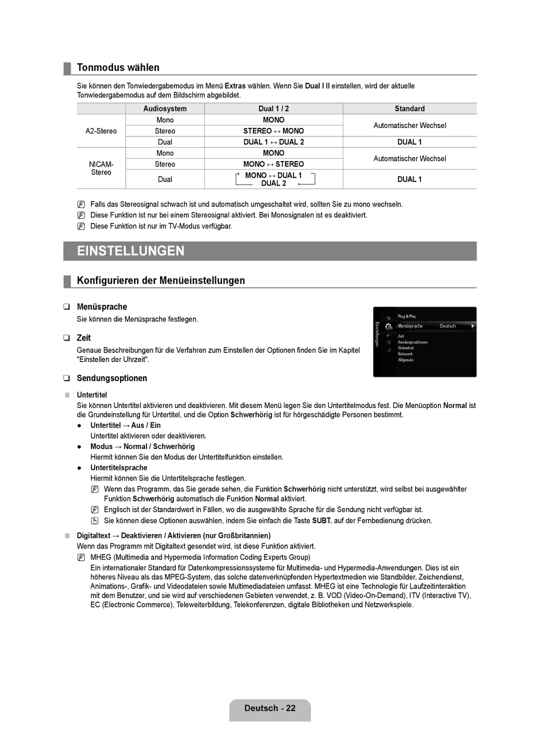 Samsung UE32B7090WWXZG manual Tonmodus wählen, Konfigurieren der Menüeinstellungen, Menüsprache, Zeit, Sendungsoptionen 