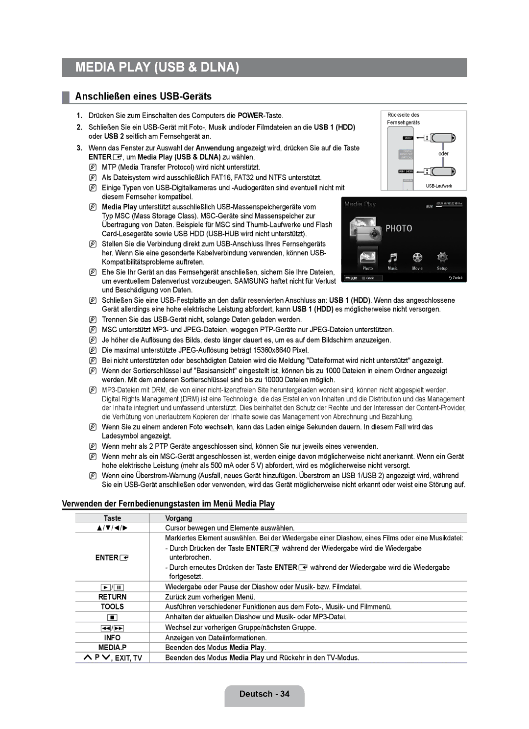 Samsung UE32B7090WWXZG, UE40B7090WPXZG Anschließen eines USB-Geräts, Verwenden der Fernbedienungstasten im Menü Media Play 