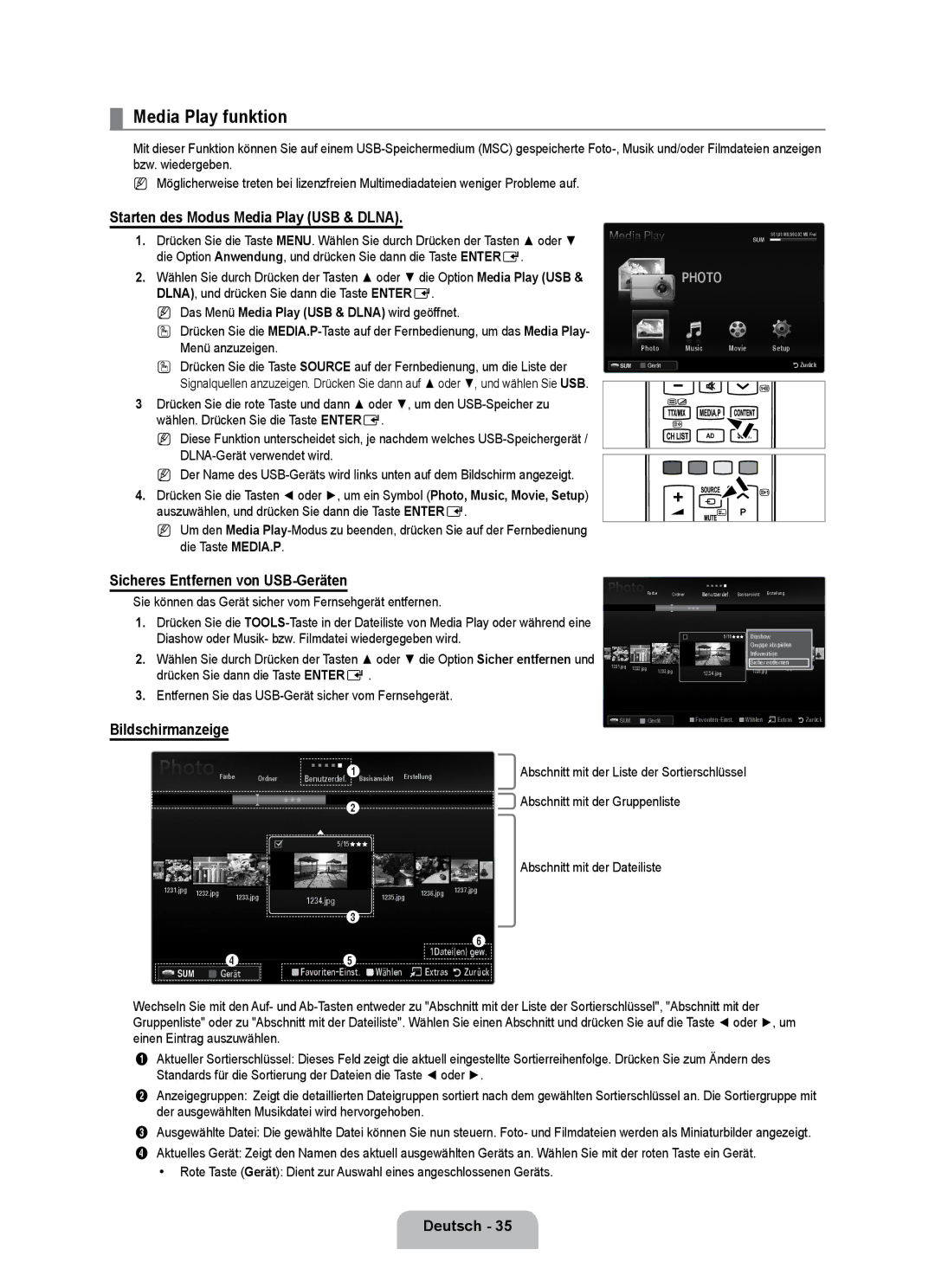 Samsung UE40B7090WPXZG Media Play funktion, Starten des Modus Media Play USB & Dlna, Sicheres Entfernen von USB-Geräten 