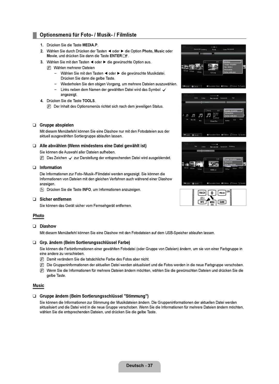 Samsung UE32B7090WWXZG, UE40B7090WPXZG, UE55B7090WPXZG manual Optionsmenü für Foto- / Musik- / Filmliste 