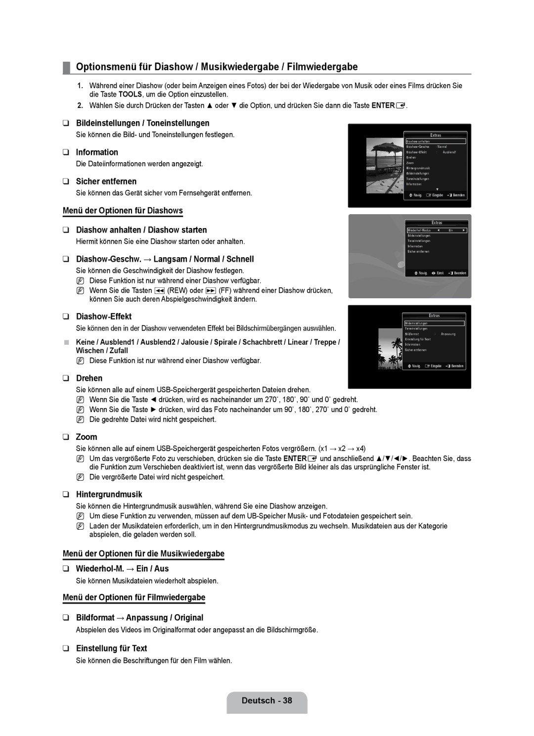 Samsung UE40B7090WPXZG, UE55B7090WPXZG, UE32B7090WWXZG manual Optionsmenü für Diashow / Musikwiedergabe / Filmwiedergabe 