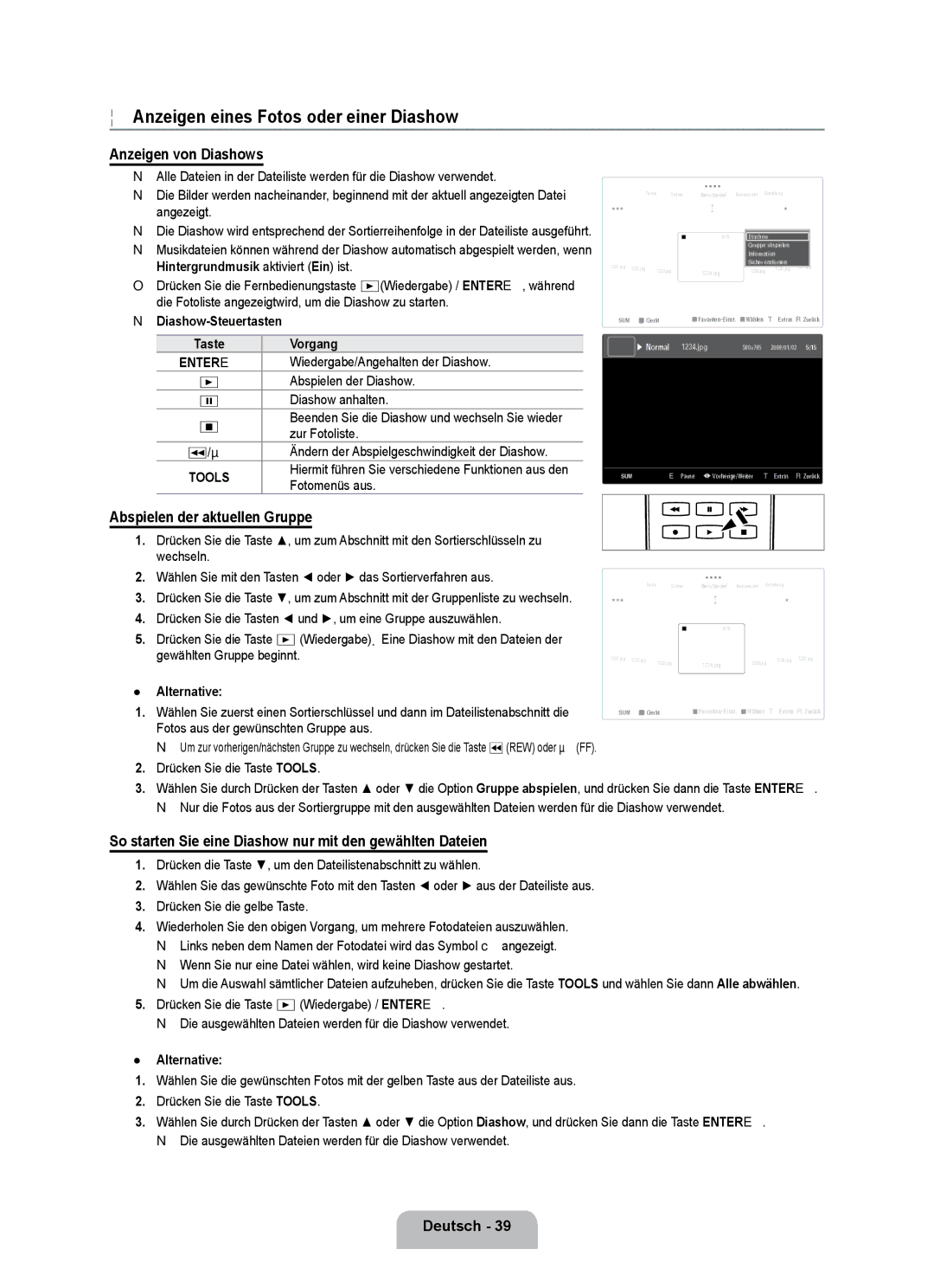 Samsung UE55B7090WPXZG Anzeigen eines Fotos oder einer Diashow, Anzeigen von Diashows, Abspielen der aktuellen Gruppe 