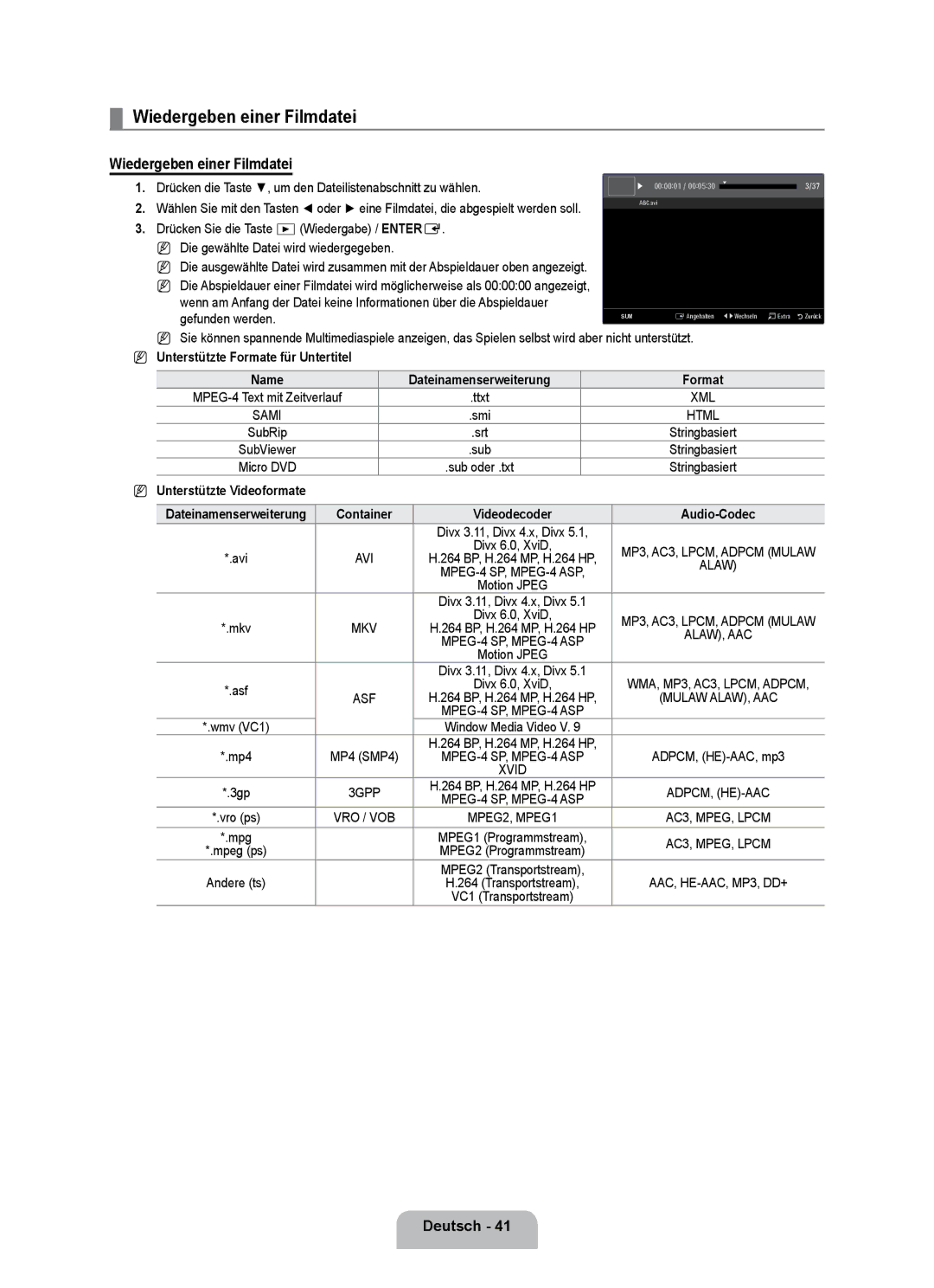 Samsung UE40B7090WPXZG manual Wiedergeben einer Filmdatei, Unterstützte Formate für Untertitel, Unterstützte Videoformate 