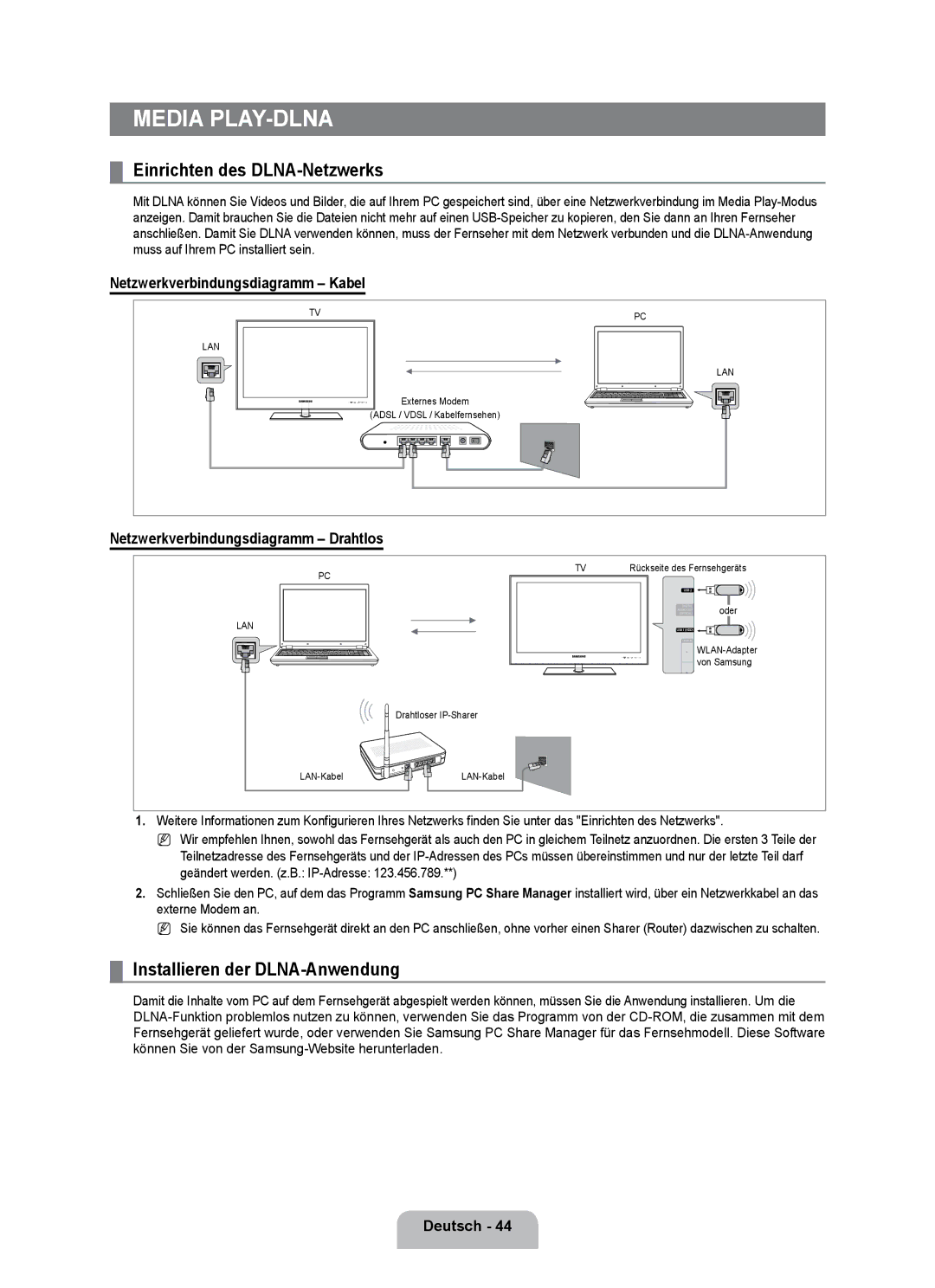 Samsung UE40B7090WPXZG Einrichten des DLNA-Netzwerks, Installieren der DLNA-Anwendung, Netzwerkverbindungsdiagramm Kabel 