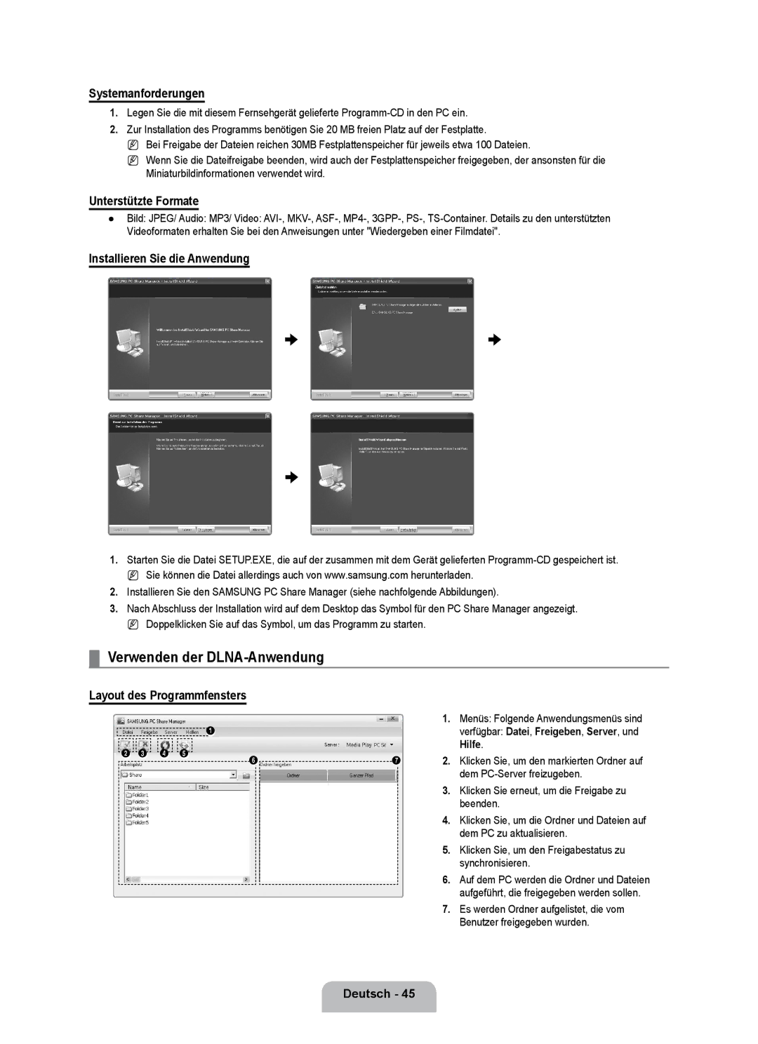 Samsung UE55B7090WPXZG, UE40B7090WPXZG manual Verwenden der DLNA-Anwendung, Systemanforderungen, Unterstützte Formate 