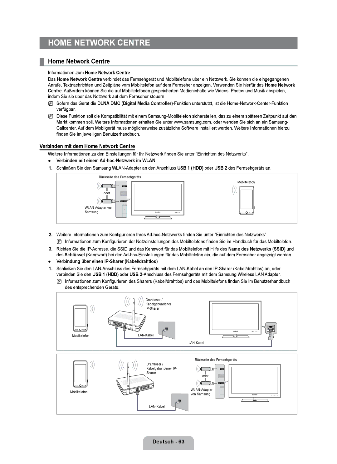 Samsung UE55B7090WPXZG, UE40B7090WPXZG manual Verbinden mit dem Home Network Centre, Informationen zum Home Network Centre 