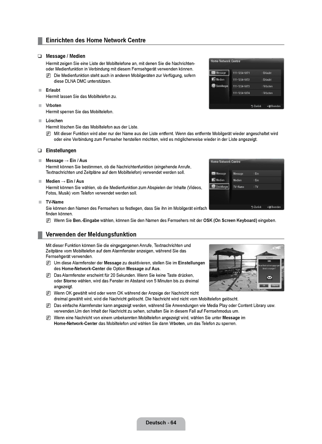 Samsung UE32B7090WWXZG manual Einrichten des Home Network Centre, Verwenden der Meldungsfunktion, Message / Medien 