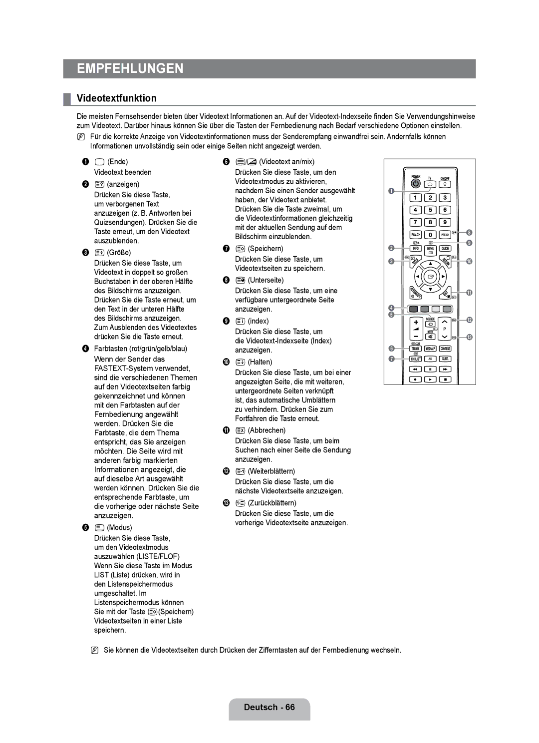 Samsung UE55B7090WPXZG, UE40B7090WPXZG, UE32B7090WWXZG manual Empfehlungen, Videotextfunktion 