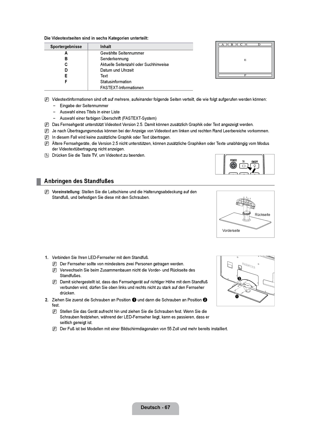 Samsung UE32B7090WWXZG, UE40B7090WPXZG, UE55B7090WPXZG manual Anbringen des Standfußes, Gewählte Seitennummer 