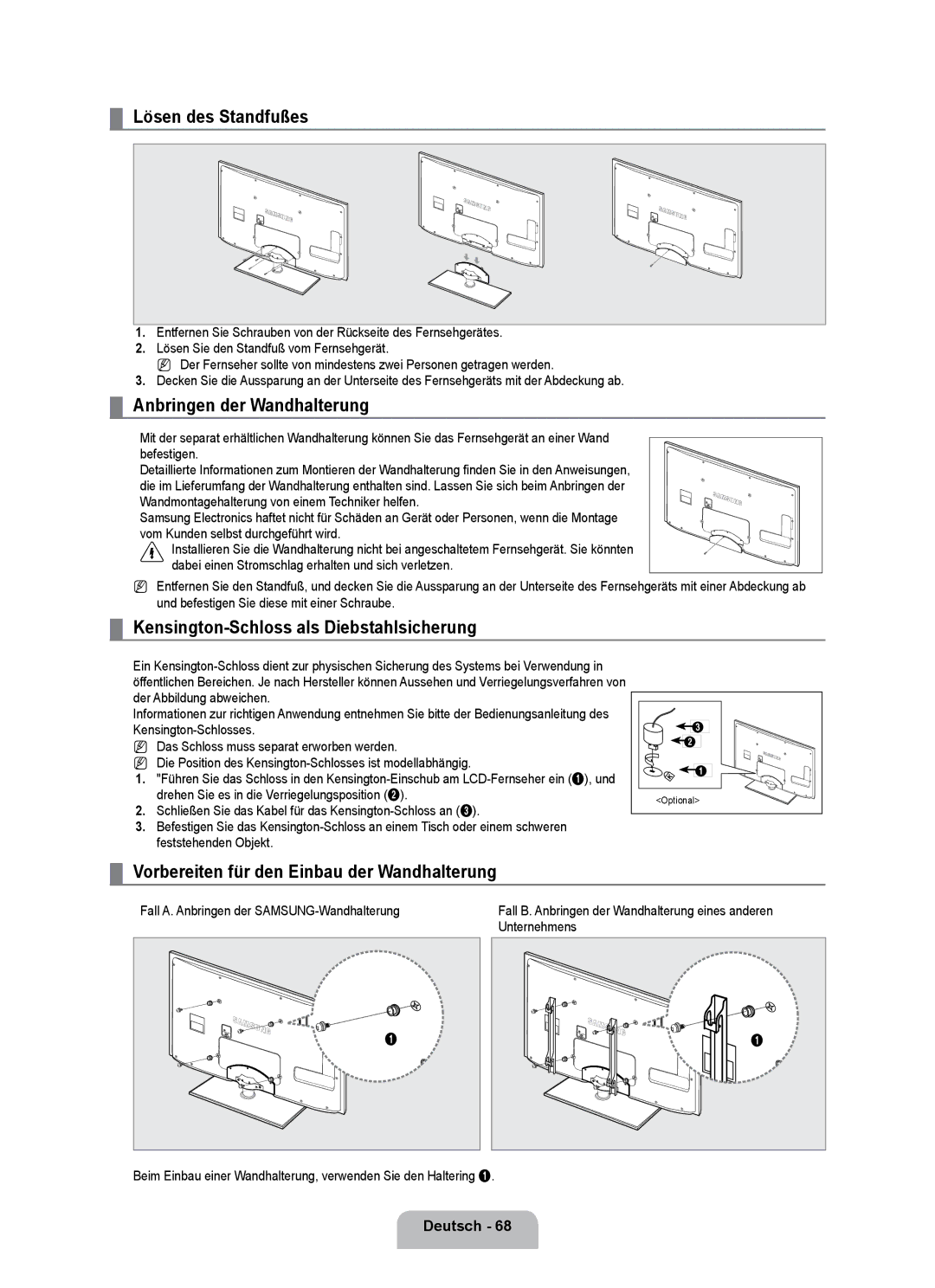 Samsung UE40B7090WPXZG manual Lösen des Standfußes, Anbringen der wandhalterung, Kensington-Schloss als Diebstahlsicherung 