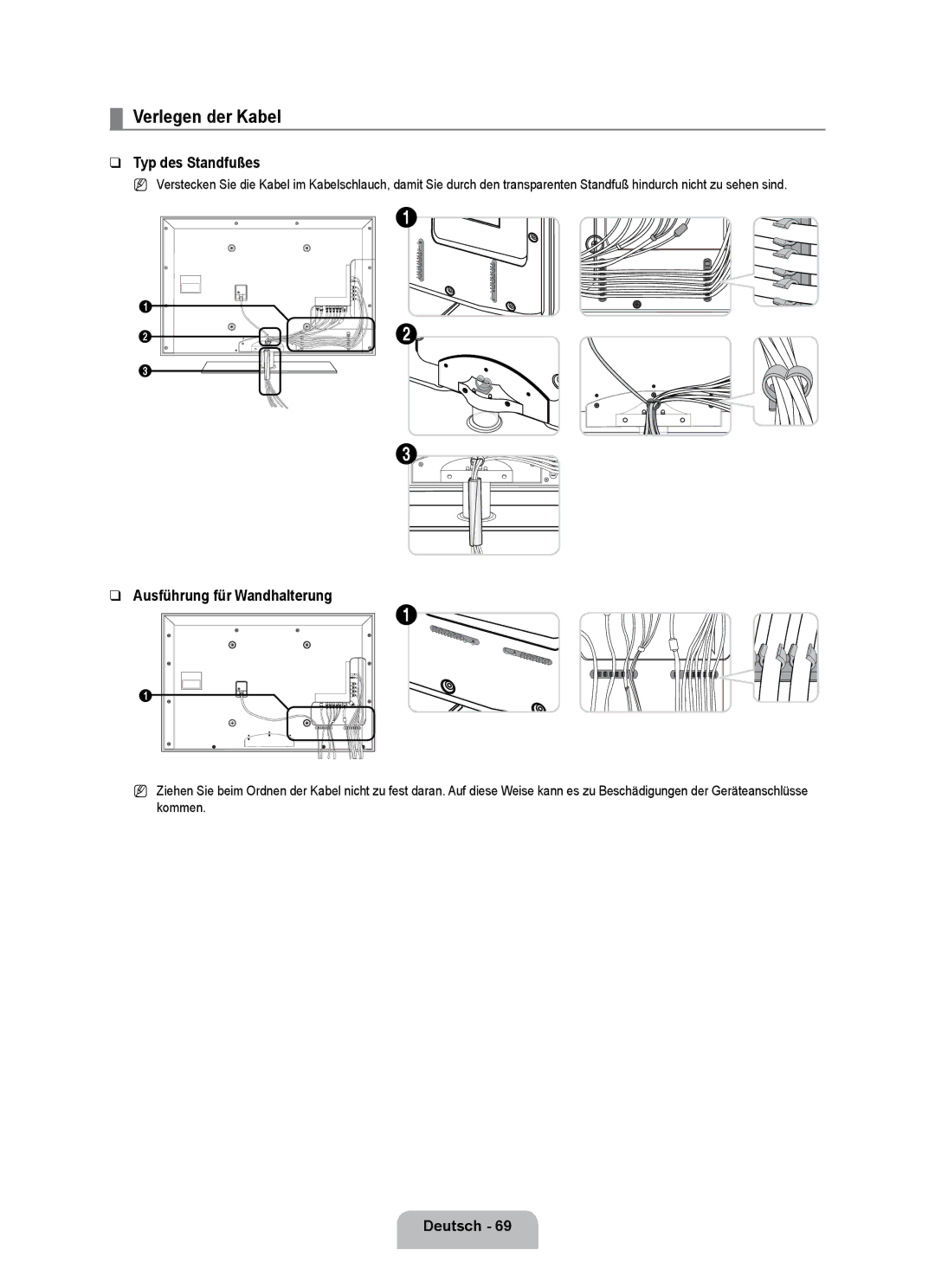 Samsung UE55B7090WPXZG, UE40B7090WPXZG, UE32B7090WWXZG Verlegen der Kabel, Typ des Standfußes, Ausführung für wandhalterung 