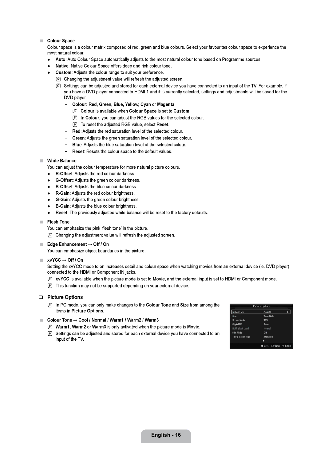 Samsung UE40B7090WPXZG, UE55B7090WPXZG, UE32B7090WWXZG manual Picture Options 