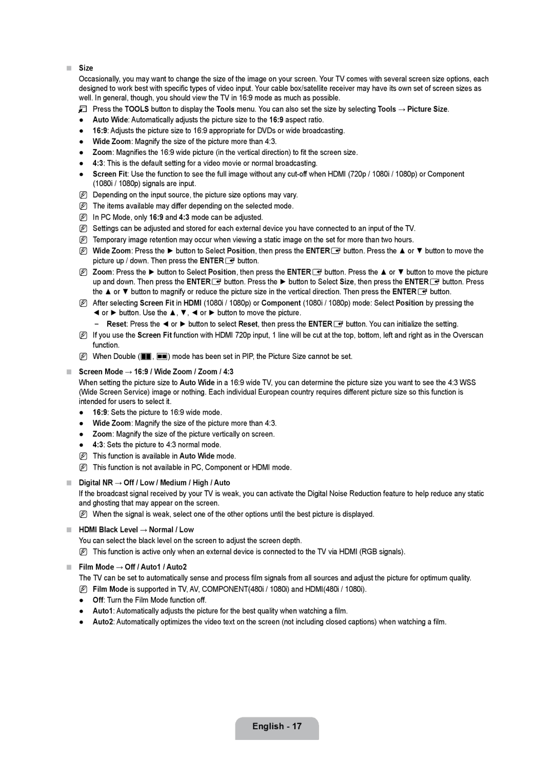 Samsung UE55B7090WPXZG manual Size, Screen Mode → 169 / Wide Zoom / Zoom, Digital NR → Off / Low / Medium / High / Auto 