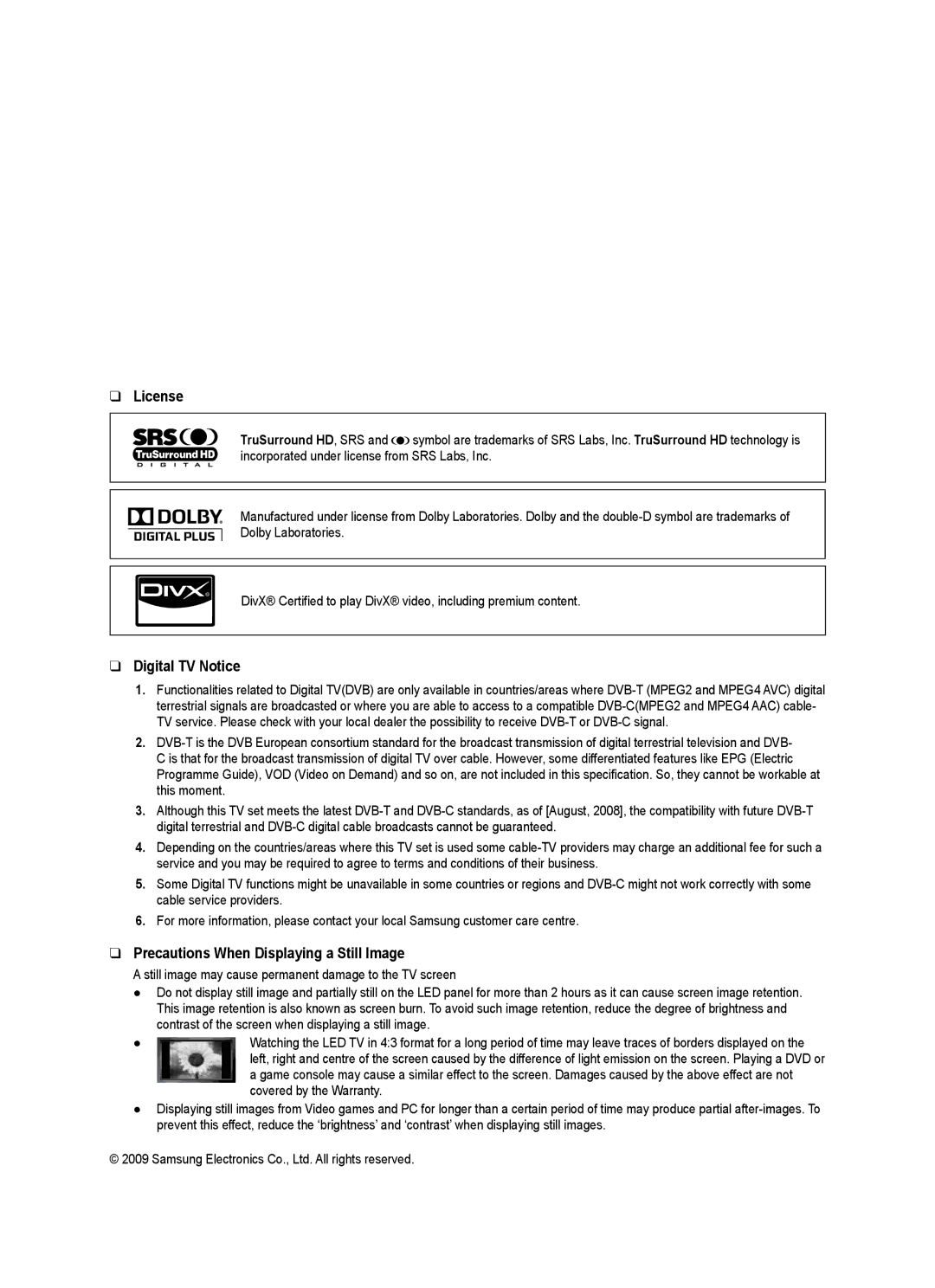 Samsung UE32B7090WWXZG, UE40B7090WPXZG manual License, Digital TV Notice, Precautions When Displaying a Still Image 