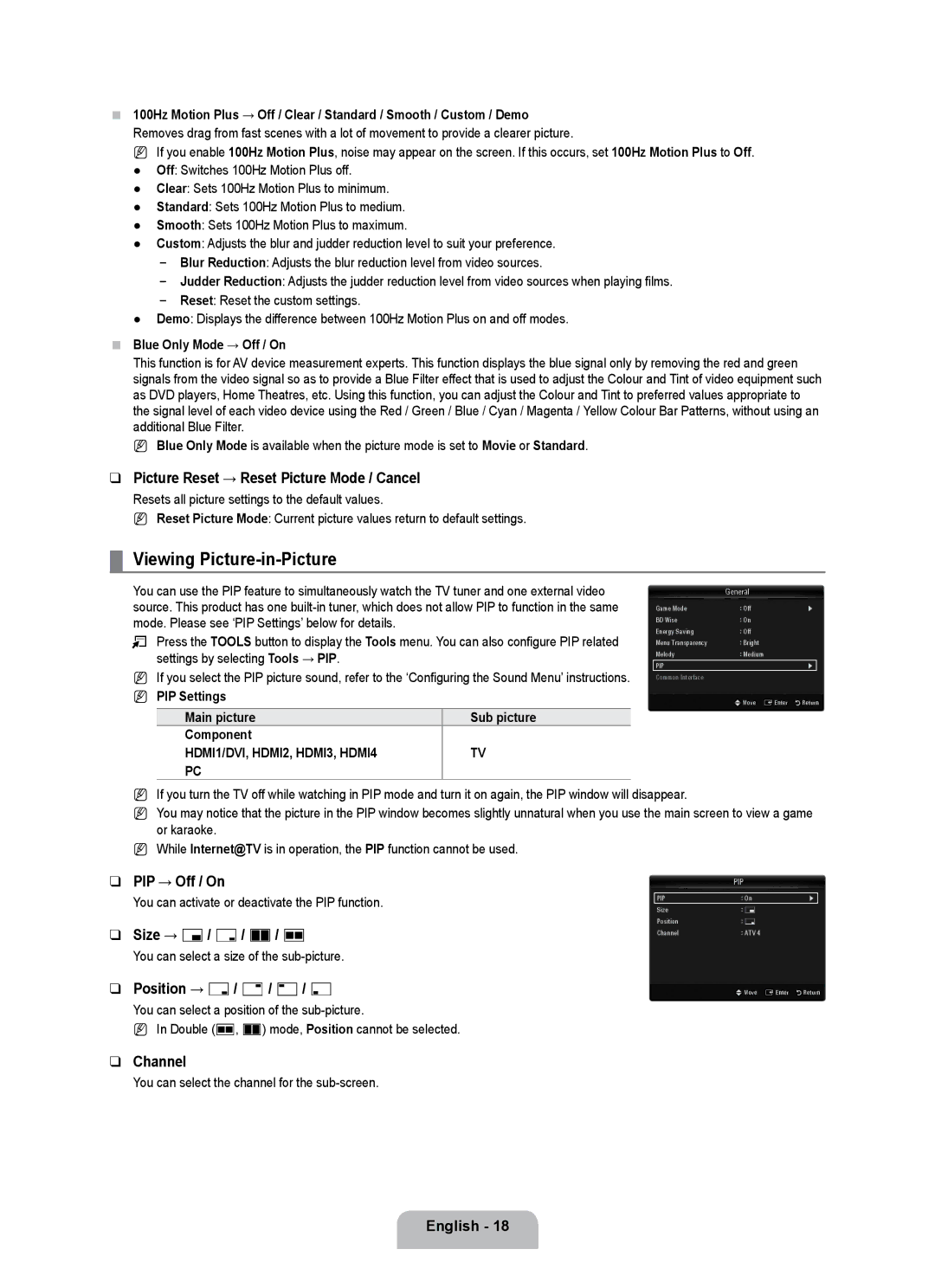 Samsung UE32B7090WWXZG, UE40B7090WPXZG, UE55B7090WPXZG manual Viewing Picture-in-Picture 