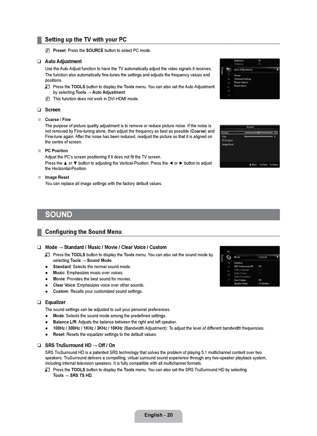 Samsung UE55B7090WPXZG, UE40B7090WPXZG, UE32B7090WWXZG manual Setting up the TV with your PC, Configuring the Sound Menu 