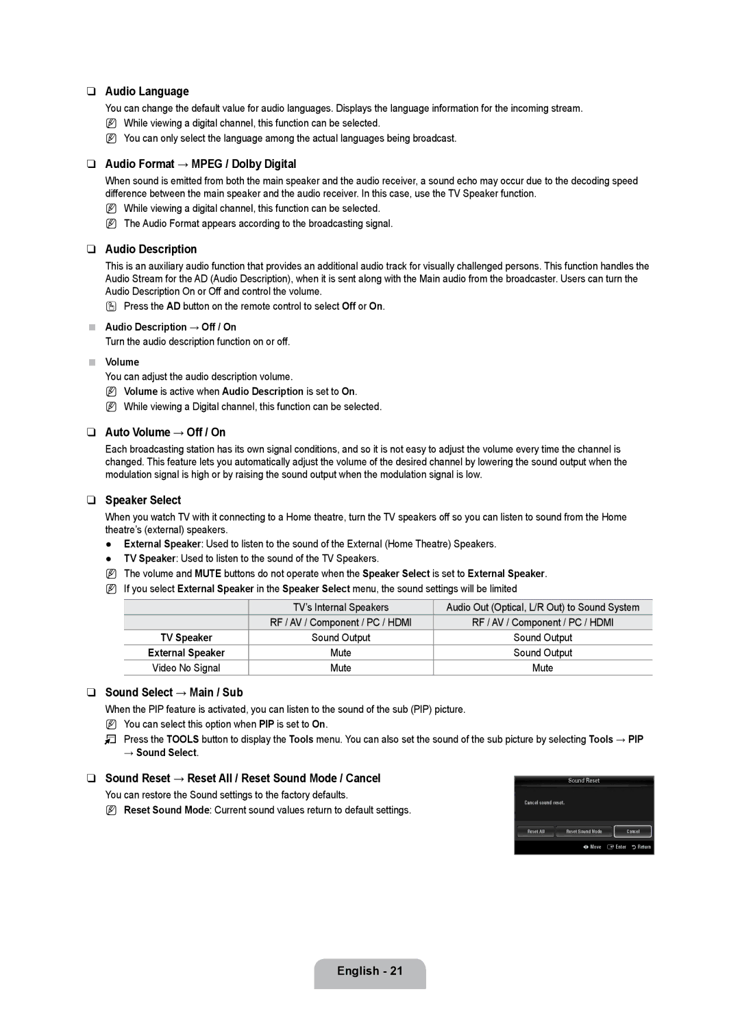 Samsung UE32B7090WWXZG Audio Language, Audio Format → Mpeg / Dolby Digital, Audio Description, Auto Volume → Off / On 