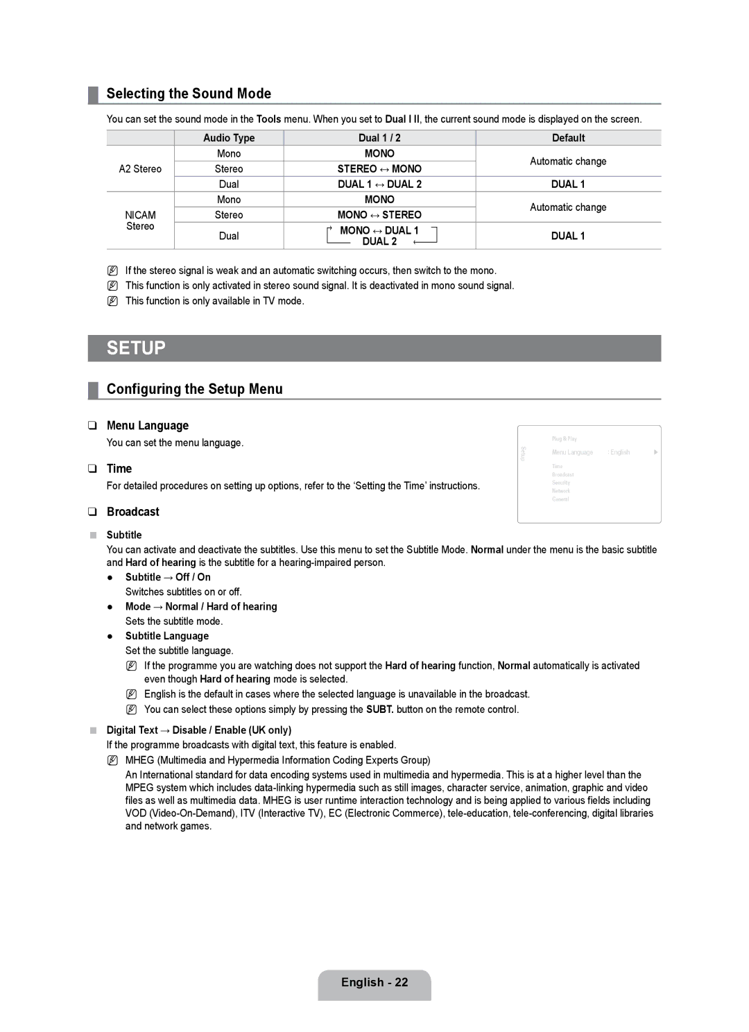 Samsung UE40B7090WPXZG manual Selecting the Sound Mode, Configuring the Setup Menu, Menu Language, Time, Broadcast 