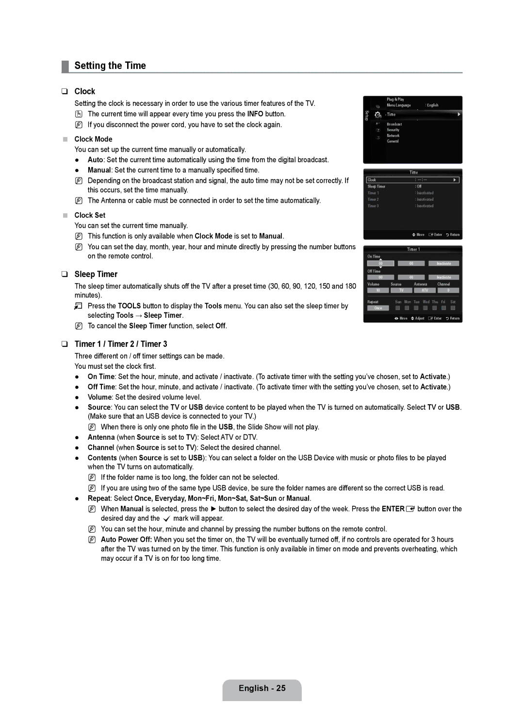 Samsung UE40B7090WPXZG, UE55B7090WPXZG, UE32B7090WWXZG manual Setting the Time, Clock, Sleep Timer, Timer 1 / Timer 2 / Timer 