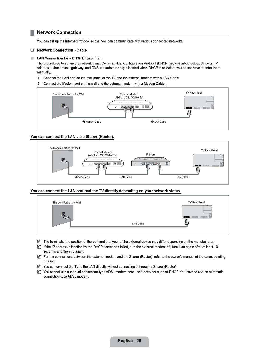 Samsung UE55B7090WPXZG, UE40B7090WPXZG manual Network Connection Cable, You can connect the LAN via a Sharer Router 