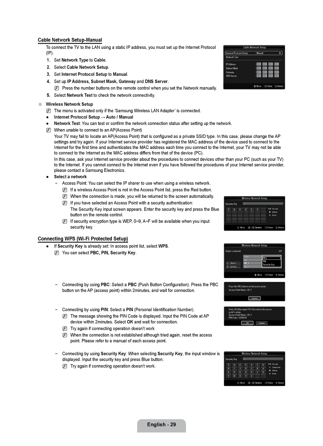 Samsung UE55B7090WPXZG manual Cable Network Setup-Manual, Connecting WPS Wi-Fi Protected Setup, Wireless Network Setup 