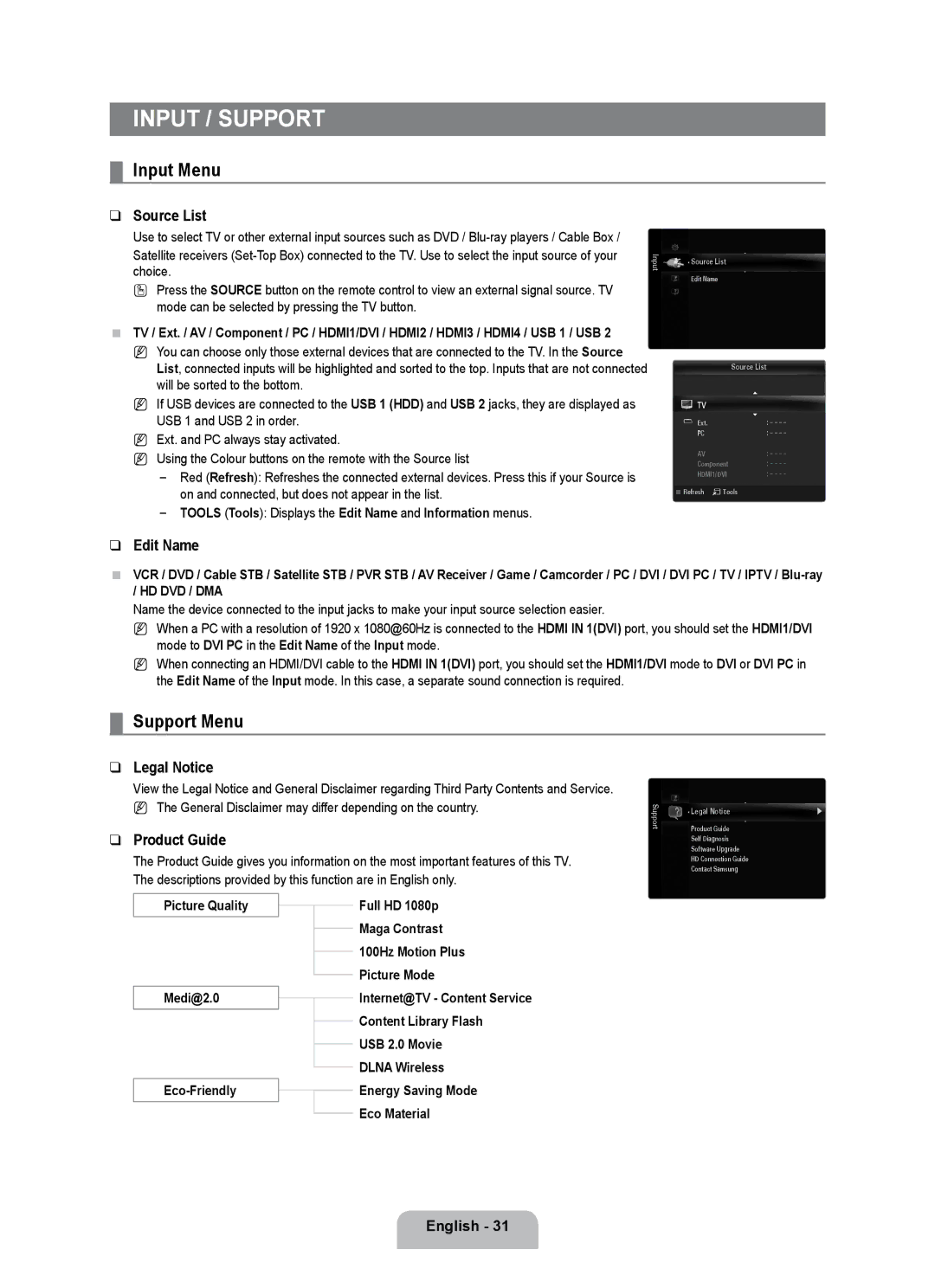 Samsung UE40B7090WPXZG, UE55B7090WPXZG, UE32B7090WWXZG manual Input Menu, Support Menu 