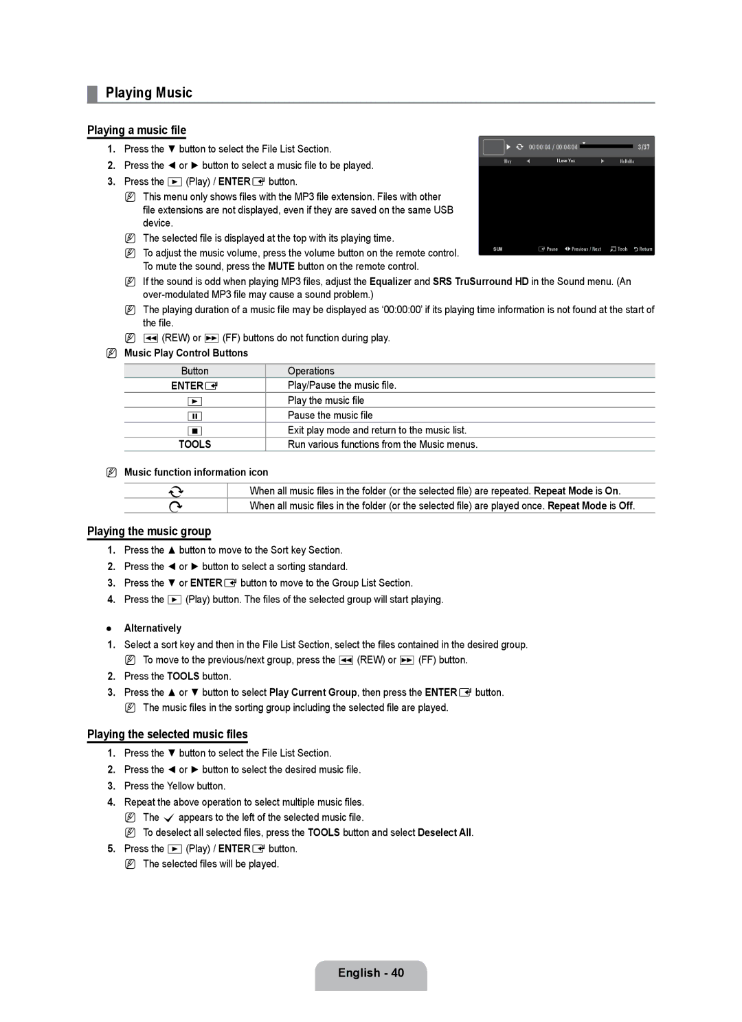 Samsung UE40B7090WPXZG Playing Music, Playing a music file, Playing the music group, Playing the selected music files 