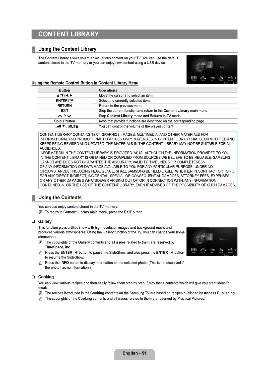 Samsung UE32B7090WWXZG, UE40B7090WPXZG, UE55B7090WPXZG manual Using the Content Library, Using the Contents 