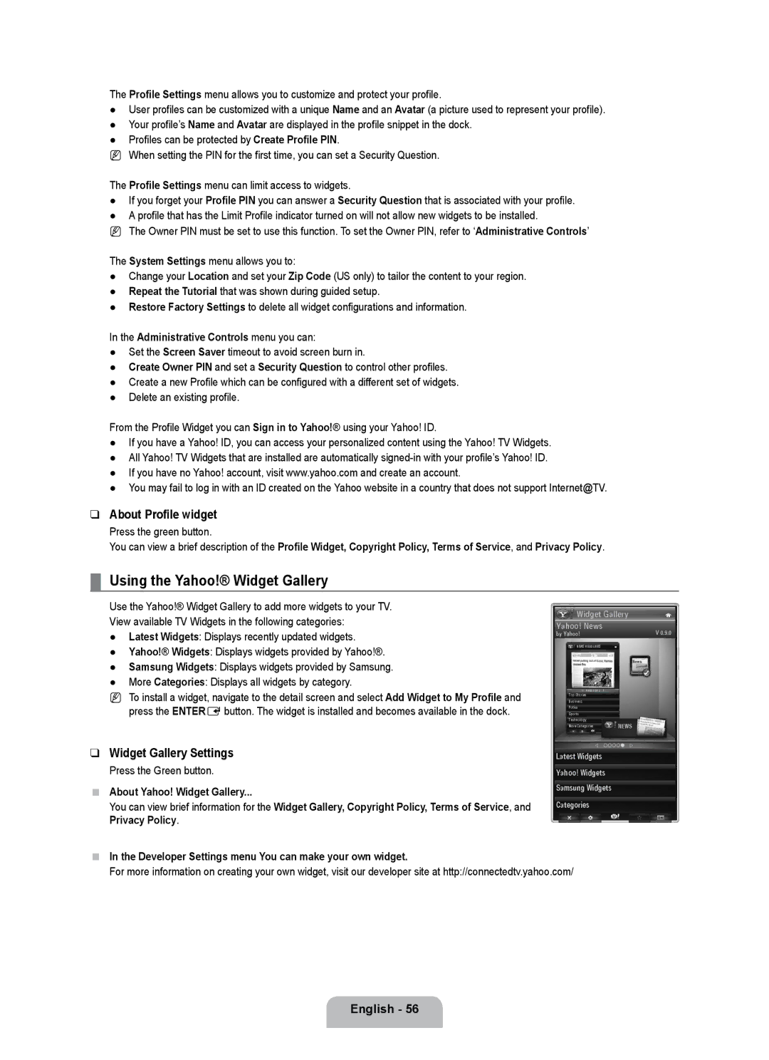 Samsung UE55B7090WPXZG, UE40B7090WPXZG manual Using the Yahoo! Widget Gallery, About Profile widget, Widget Gallery Settings 