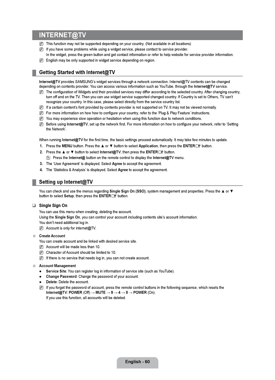 Samsung UE32B7090WWXZG, UE40B7090WPXZG manual Setting up Internet@TV, Single Sign On, Create Account, Account Management 