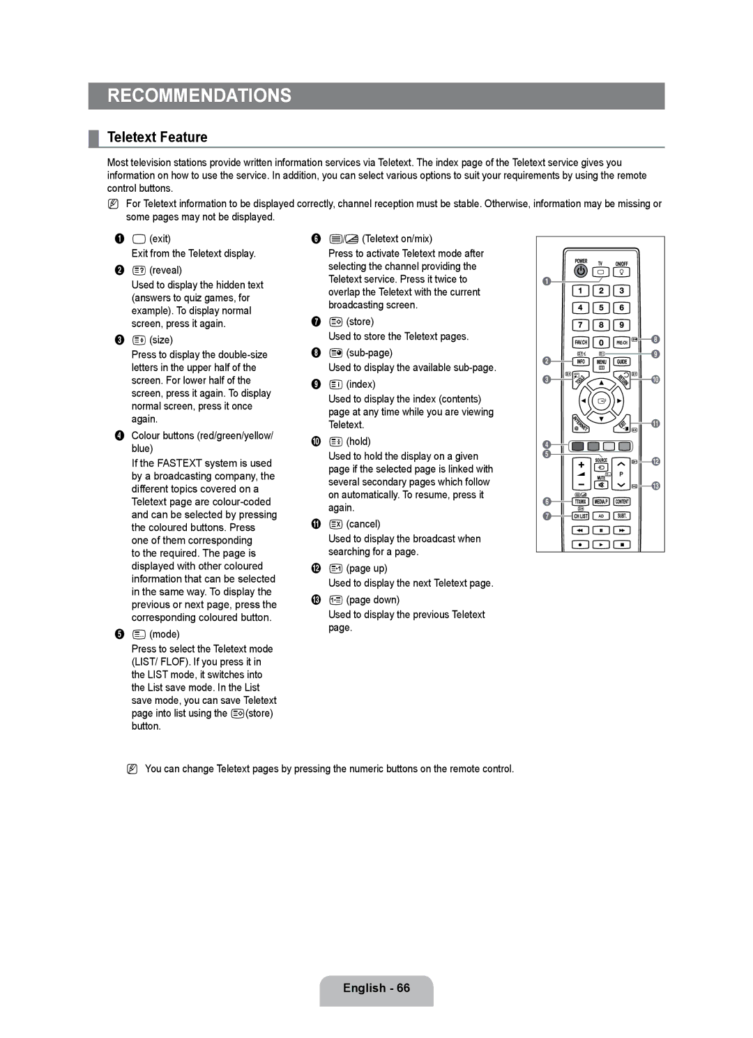 Samsung UE32B7090WWXZG, UE40B7090WPXZG, UE55B7090WPXZG manual Teletext Feature 