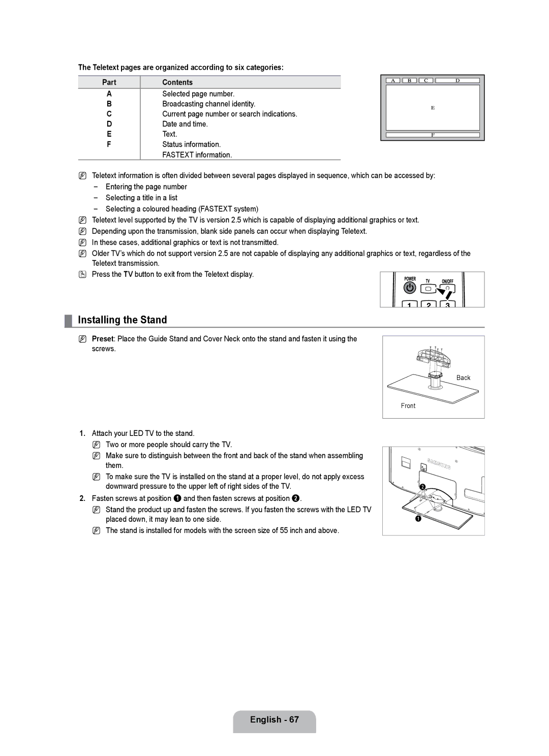 Samsung UE40B7090WPXZG, UE55B7090WPXZG, UE32B7090WWXZG manual Installing the Stand 