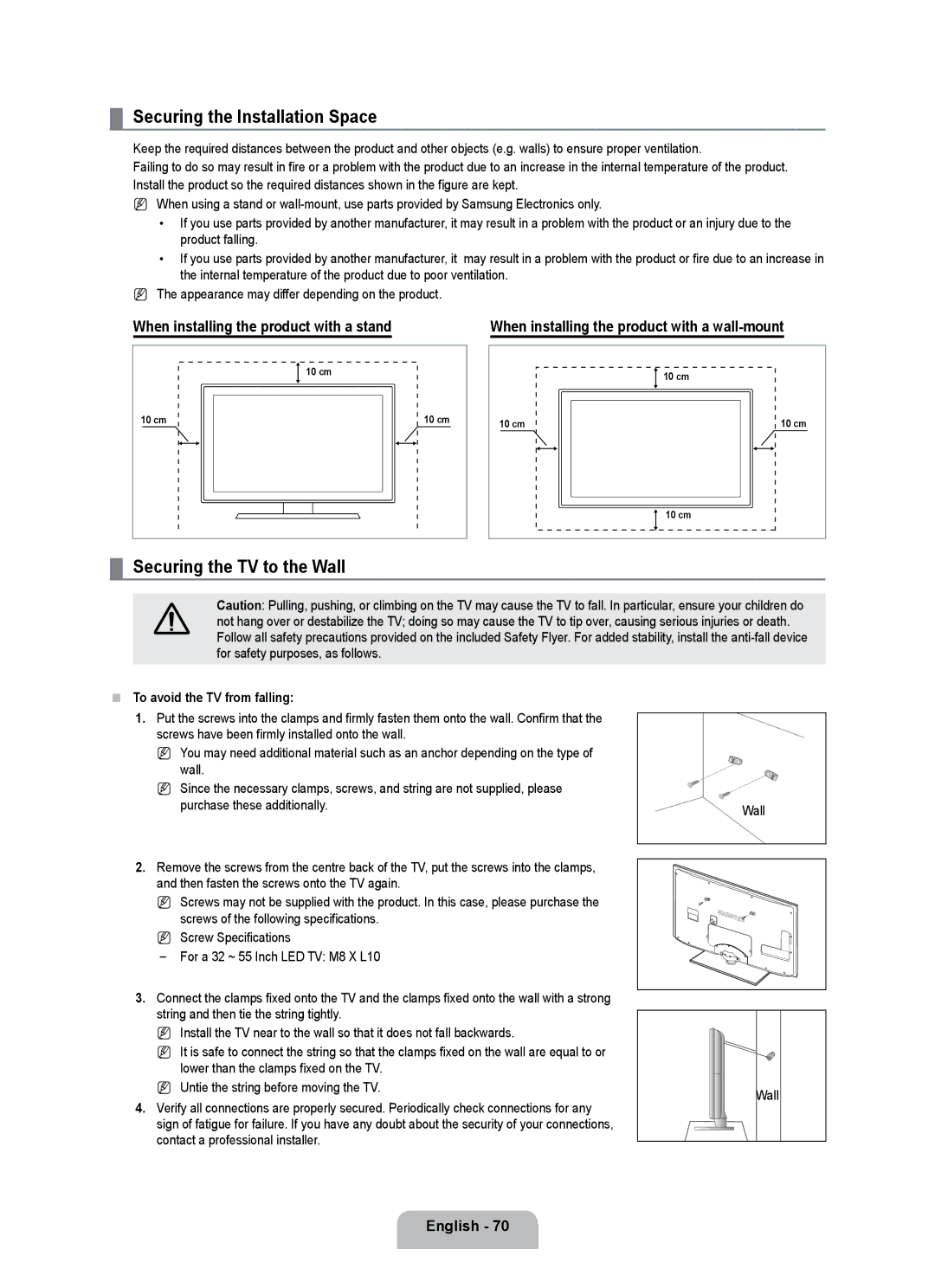 Samsung UE40B7090WPXZG manual Securing the Installation Space, Securing the TV to the Wall, To avoid the TV from falling 