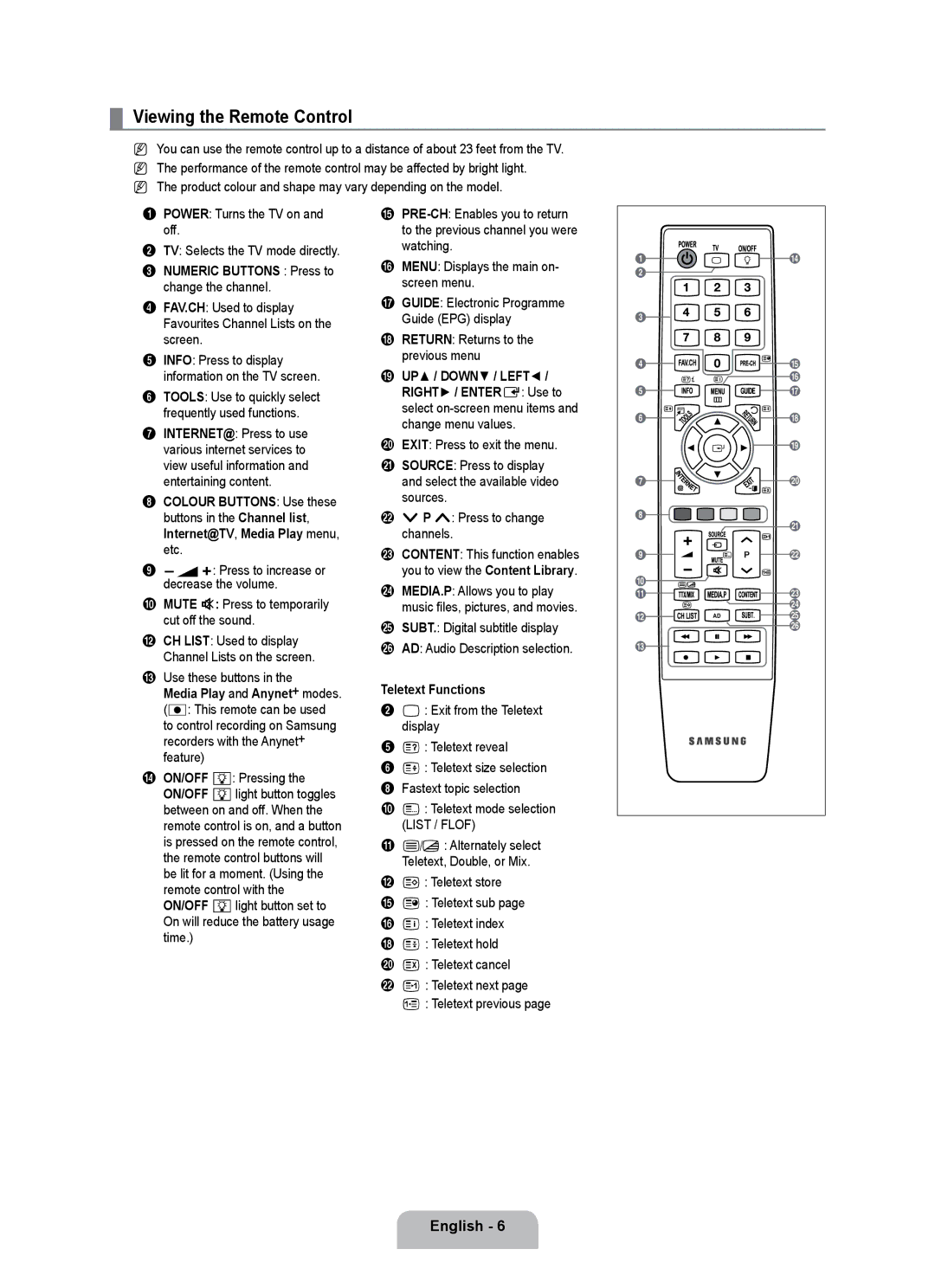 Samsung UE32B7090WWXZG manual Viewing the Remote Control, Numeric Buttons Press to change the channel, # Use these buttons 