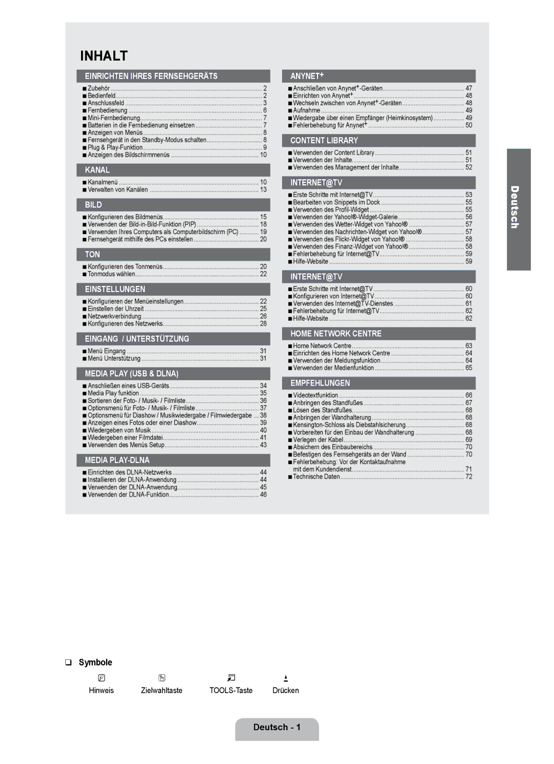 Samsung UE32B7090WWXZG, UE40B7090WPXZG, UE55B7090WPXZG manual Symbole, Deutsch, Hinweis Zielwahltaste TOOLS-Taste Drücken 