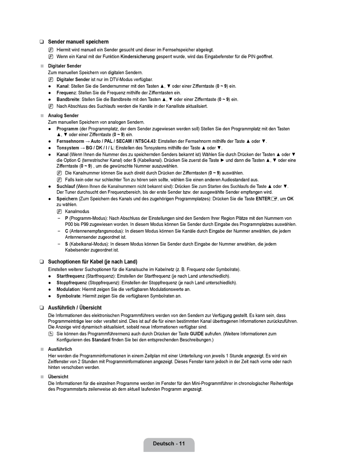 Samsung UE40B7090WPXZG manual Sender manuell speichern, Suchoptionen für Kabel je nach Land, Ausführlich / Übersicht 