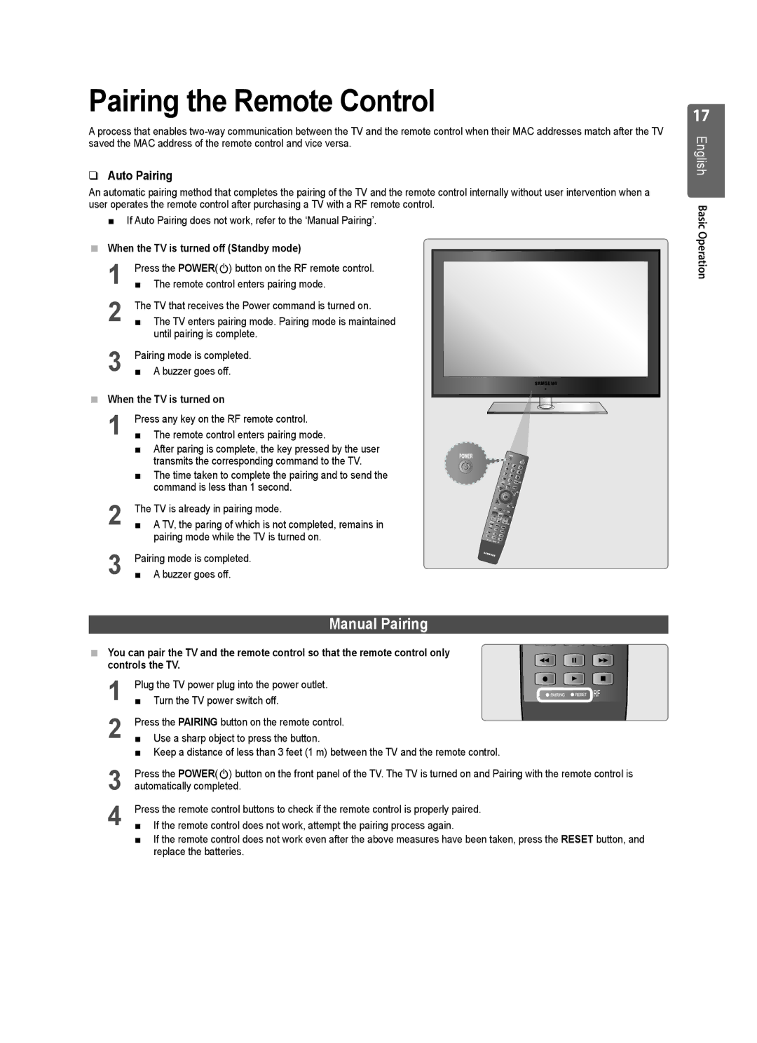 Samsung UE40B8000 user manual Pairing the Remote Control, Manual Pairing, Auto Pairing 