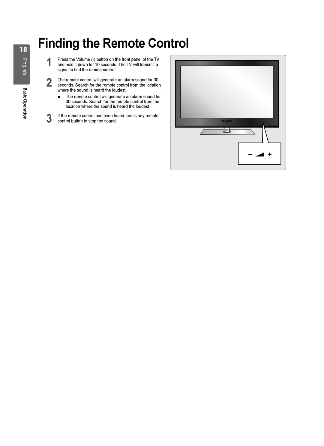 Samsung UE40B8000 Finding the Remote Control, Signal to find the remote control, Where the sound is heard the loudest 