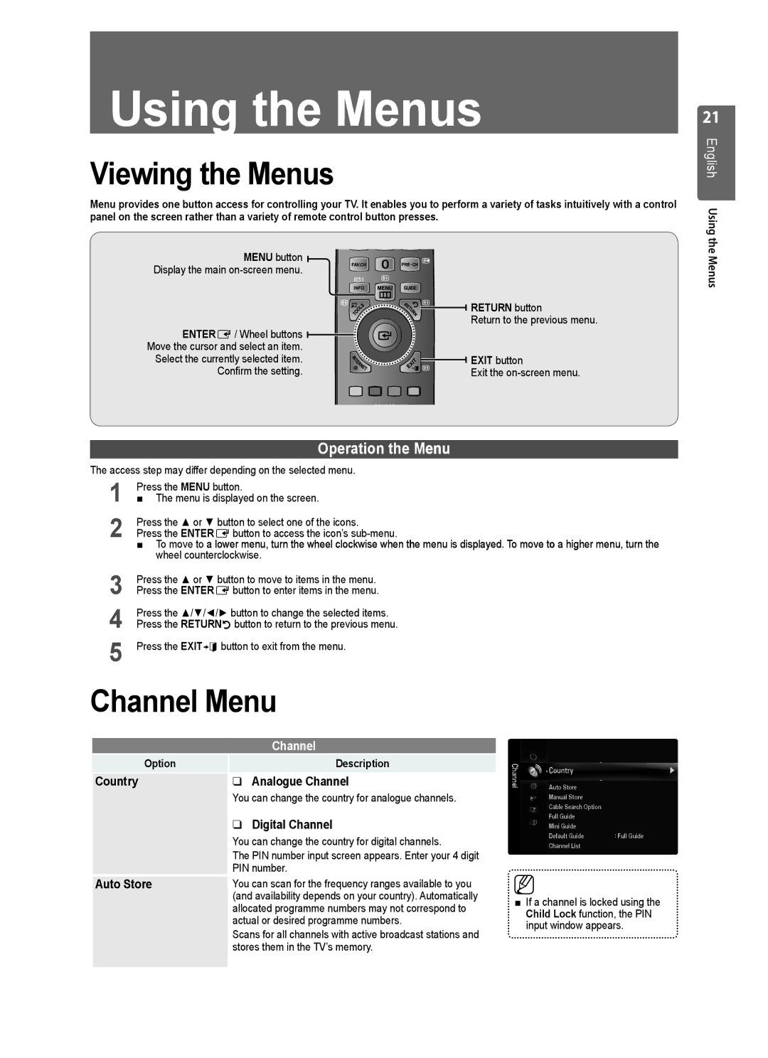 Samsung UE40B8000 user manual Viewing the Menus, Channel Menu, Operation the Menu 