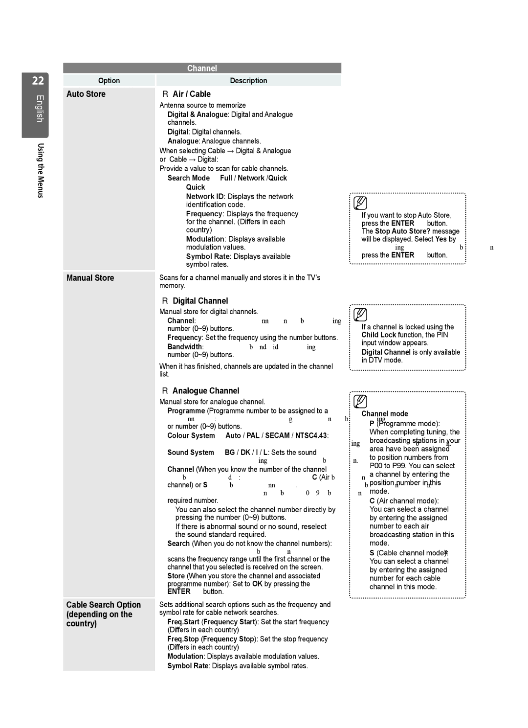 Samsung UE40B8000 user manual Auto Store Air / Cable, Manual Store, Cable Search Option, Depending on, Country 